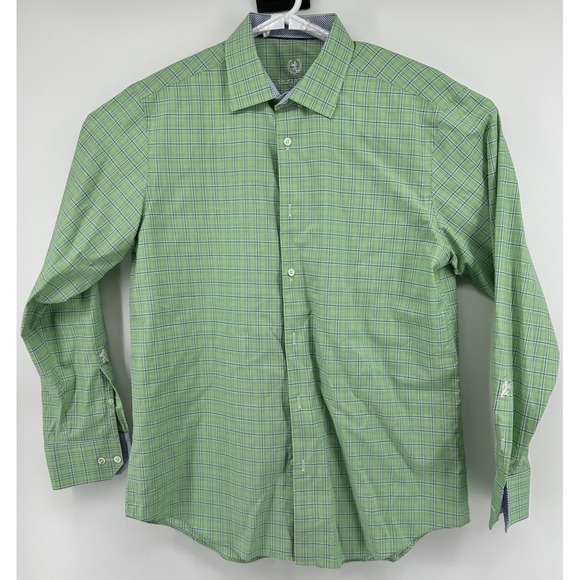 Bugatchi Uomo Long Sleeve Button Down Shirt Green With Blue Men's 16.5 34/35 - Picture 1 of 4